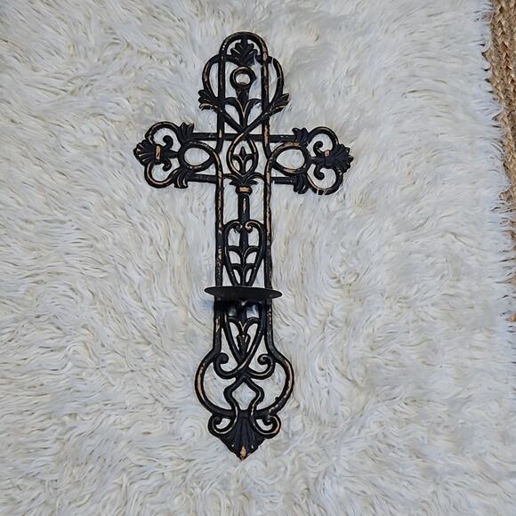 Metal Weathered Wall Cross Candle Holder - Picture 1 of 7